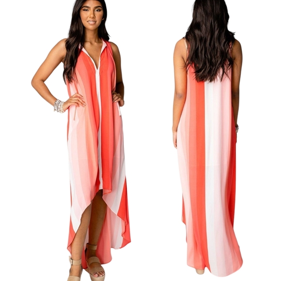 BUDDY LOVE "Campbell" High Low Peach Coral Striped Dress - Size S - Picture 1 of 15